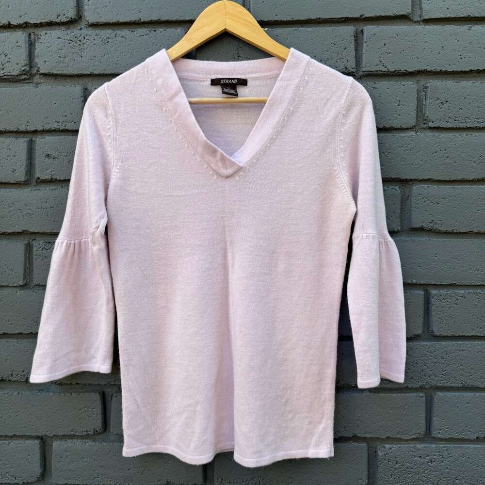 STRAND Knitted Sweater Pastel Pink Dusty Rose Flare Bell 3/4 Sleeves V Neck Wm M